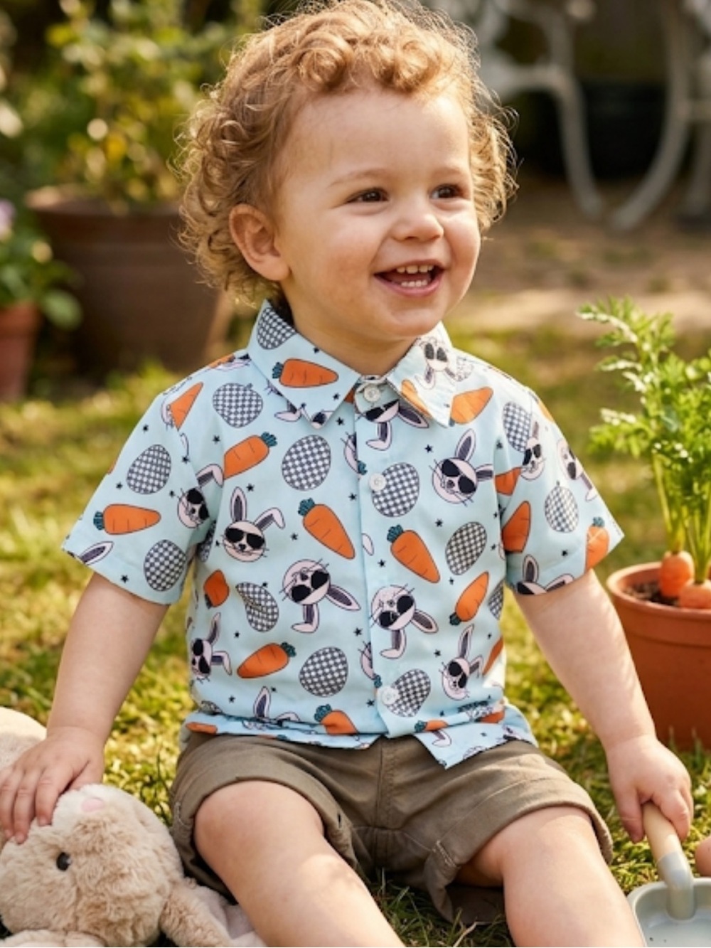 Kids Bunny & Carrot Print Button-Up Shirt - Light Blue